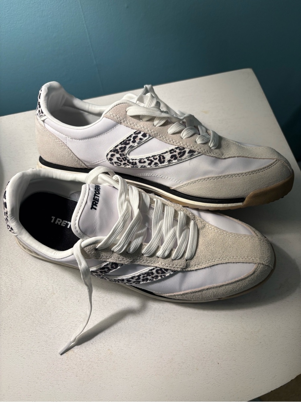 White and Cream Women's Sneakers with Leopard Accent
